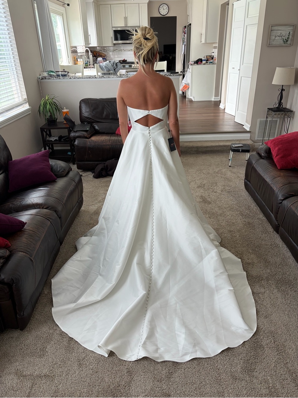 Strapless White A-Line Bridal Gown with Keyhole Back and Button Train